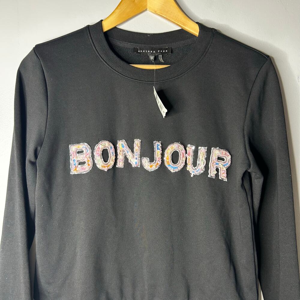 NWT Endless Rose Anthropologie Bonjour Sweatshirt Womens‎ XS Sparkly Graphic - Picture 4 of 7